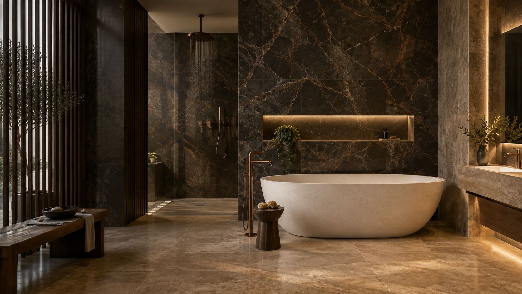 Koyu seramik ve doğal taş tonlarıyla yapay zekâ banyo konsepti